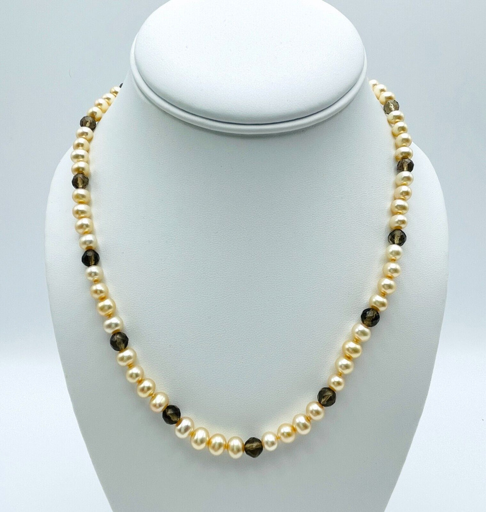 18" Necklace Cultured Pearls Faceted Smoky Topaz Quartz Beaded 14K GF Clasp